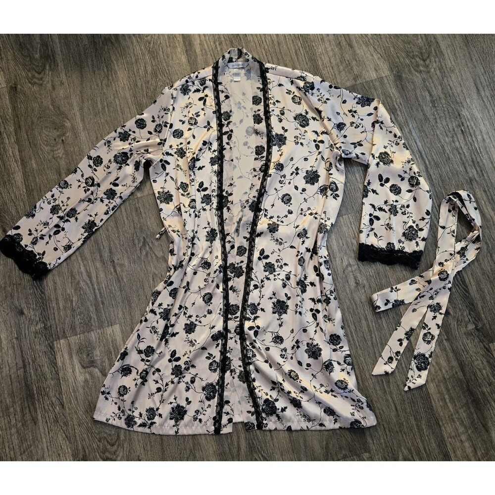 Delicates Floral Sexy Satin & Lace Kimono Robe, Tan Black Silky Soft Belted  M